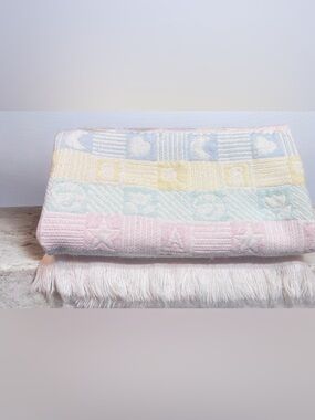 Vtg Acrylic Baby Blanket Fringe Pastel Blocks Moon Star ABC Alphabet